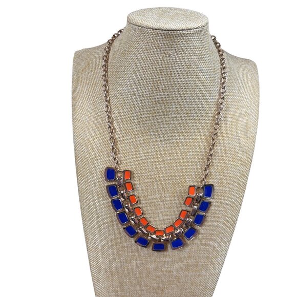 Orange & Blue Statement Necklace With Double Row Square Resin Accents On Gold-To - Picture 3 of 9